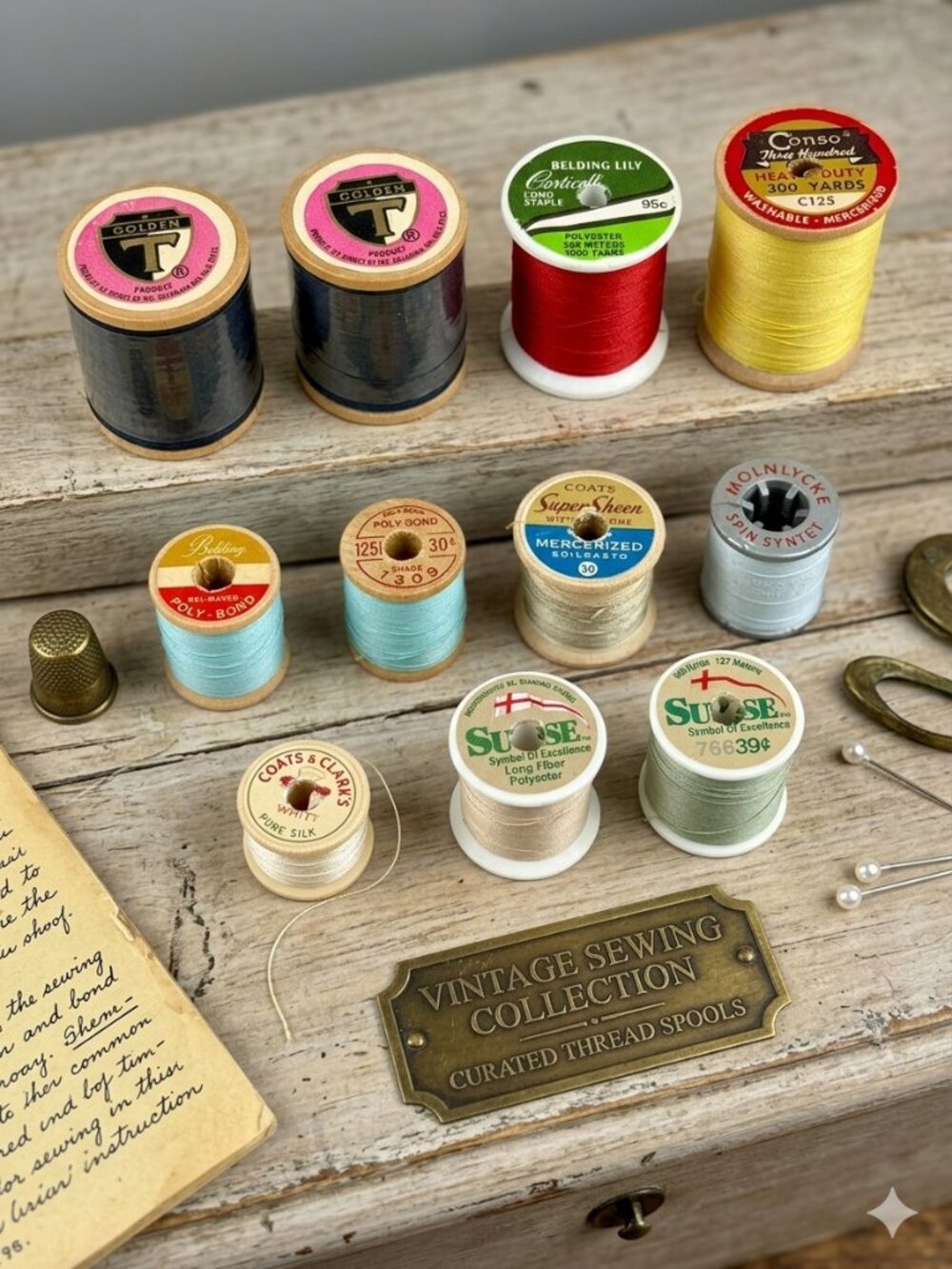 Vintage Thread Spool Lot 11 Mixed Sewing Thread Spools Wooden & Plastic Craft